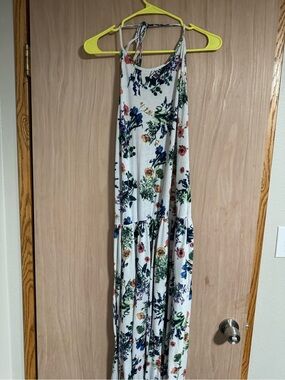 Redbubble White Maxi Dress with Blue, Green, Coral Floral Print